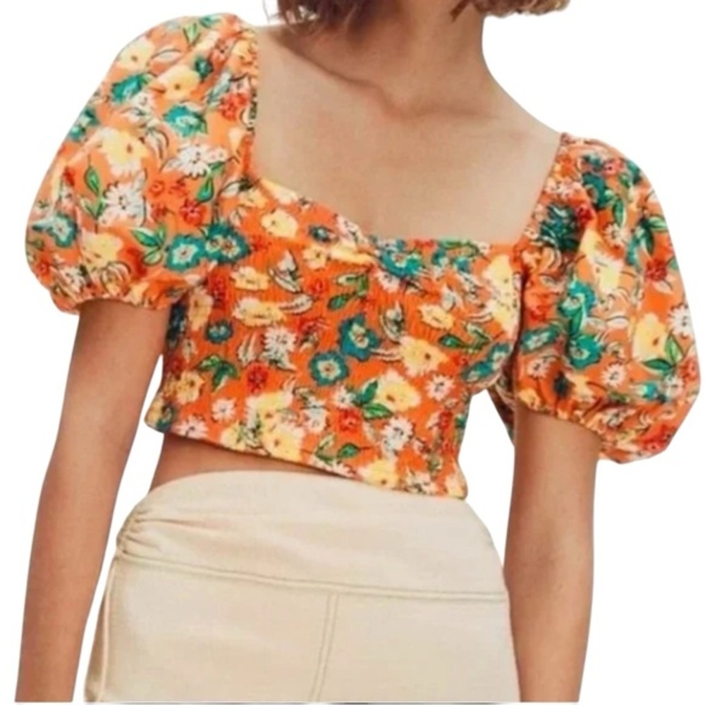 Zara Orange Floral Crop Top Short Bubble Puff Sleeve 💕